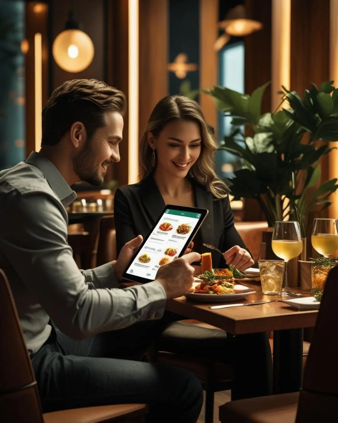 pareja consultando menú digital en un restaurante moderno y acogedor, disfrutando de la experiencia mobilcity